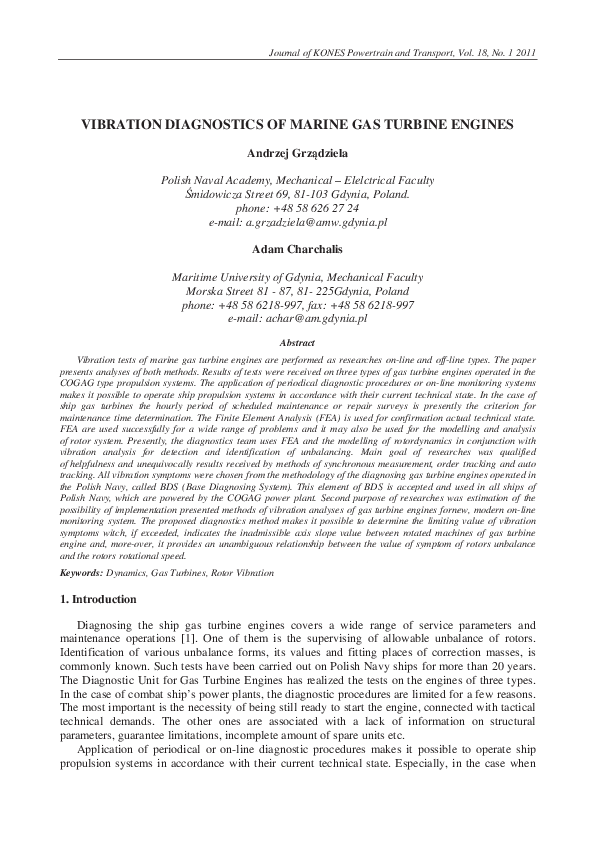 (PDF) Vibration Diagnostics of Marine Gas Turbine Engines