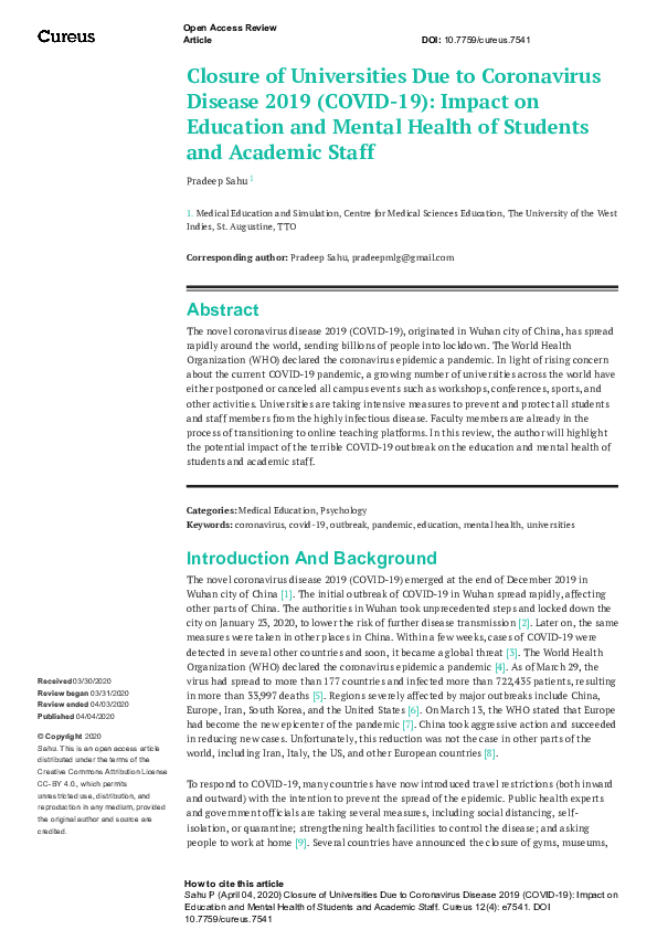 (PDF) Closure of Universities Due to Coronavirus Disease 2019 (COVID-19 ...