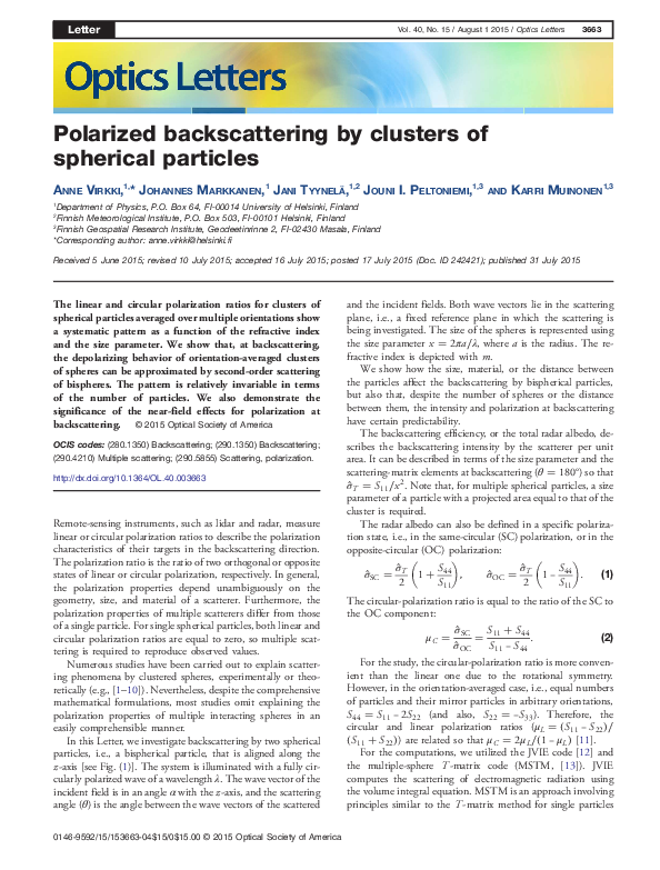 (PDF) Polarized backscattering by clusters of spherical particles