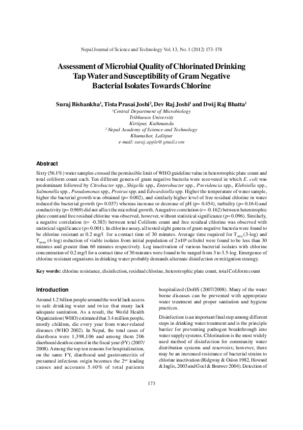 (PDF) Assessment of Microbial Quality of Chlorinated Drinking Tap Water
