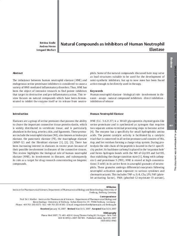 (PDF) Natural Compounds as Inhibitors of Human Neutrophil Elastase