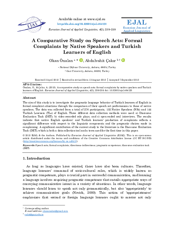 (PDF) A Comparative Study on Speech Acts: Formal Complaints by Native ...