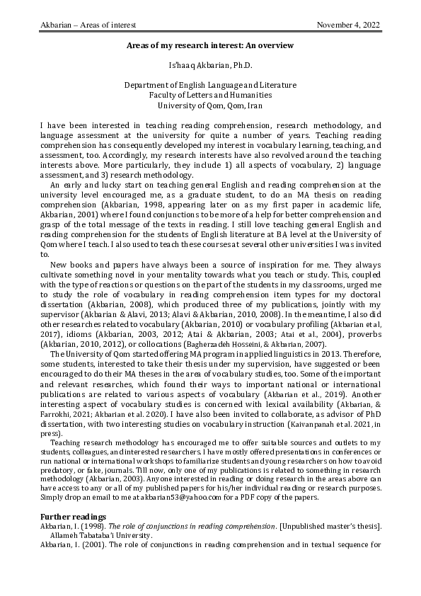 (PDF) Areas of my research interest: An overview