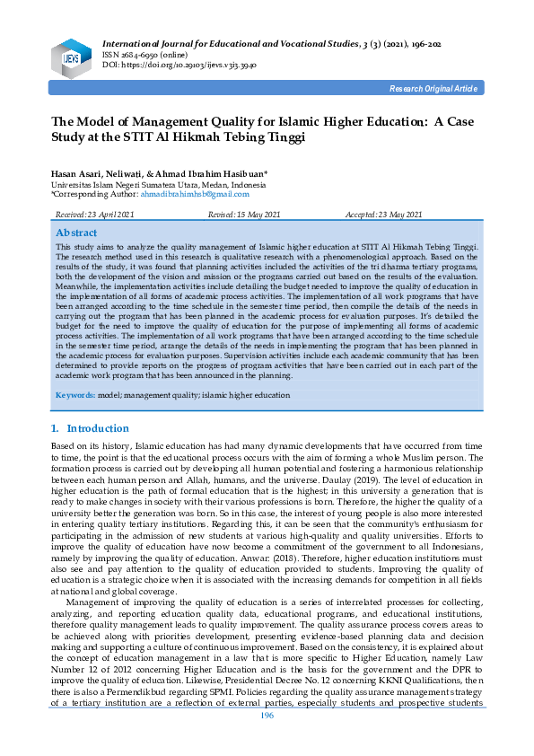 Pdf The Model Of Management Quality For Islamic Higher Education A