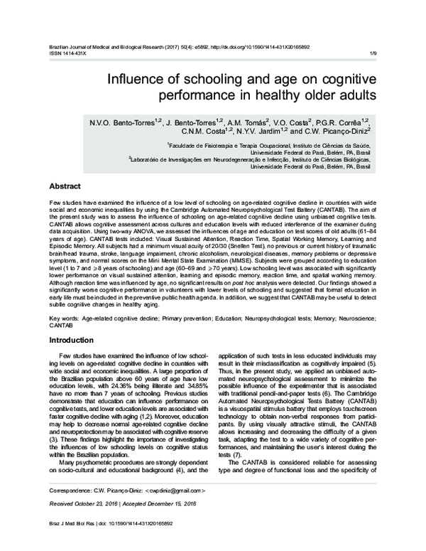 (PDF) Influence of schooling and age on cognitive performance in ...