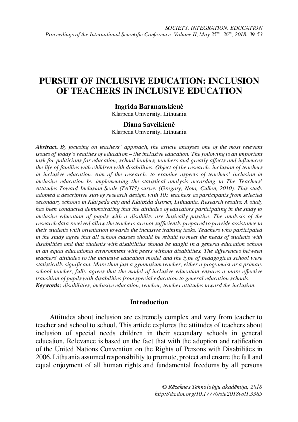 (PDF) Pursuit of Inclusive Education: Inclusion of Teachers in ...