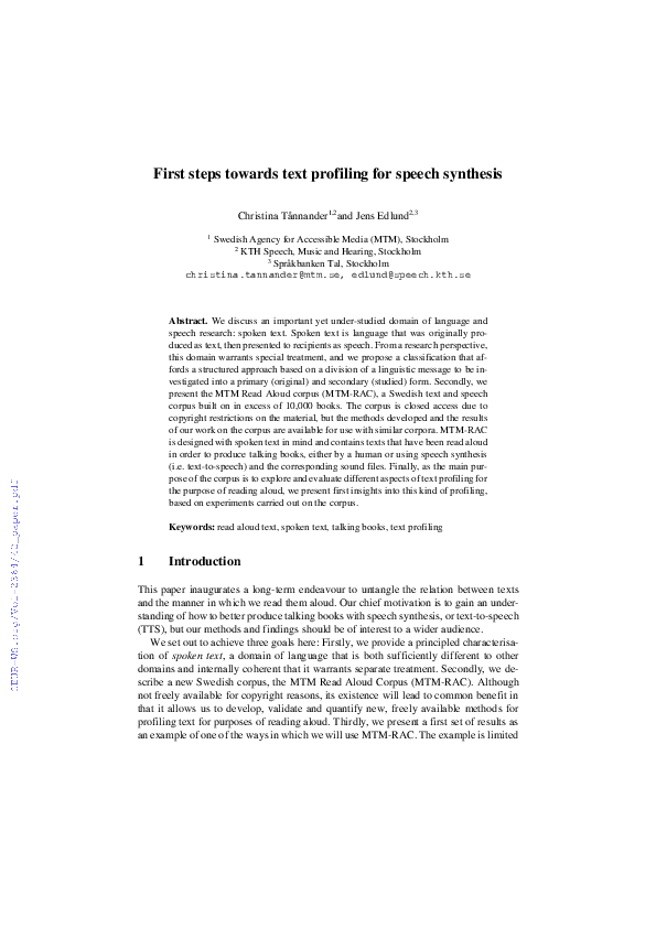 (PDF) First steps towards text profiling for speech synthesis