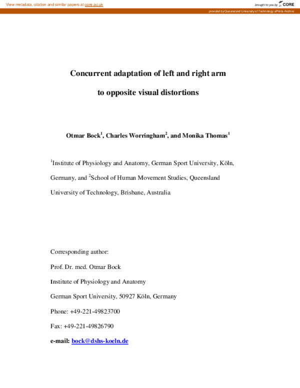 (PDF) Concurrent adaptations of left and right arms to opposite visual ...
