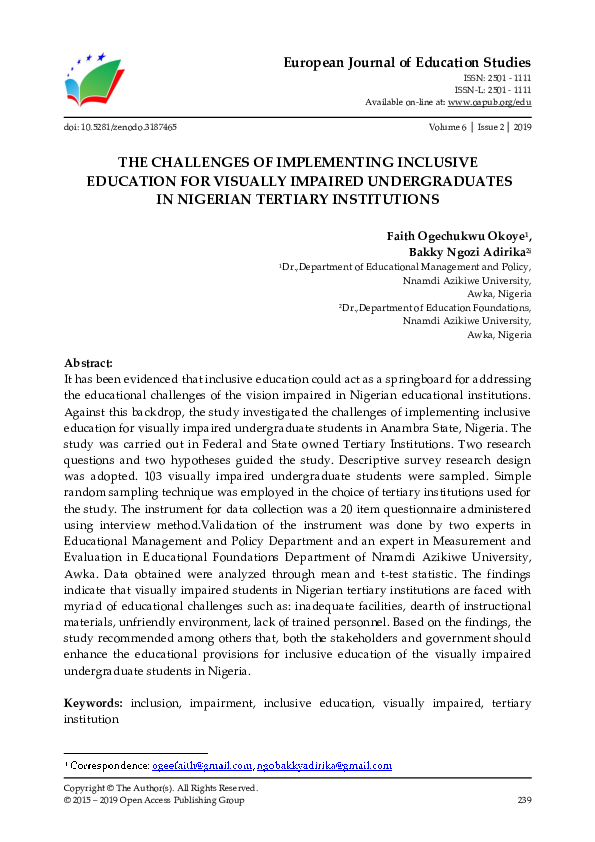(PDF) The Challenges of Implementing Inclusive Education for Visually ...