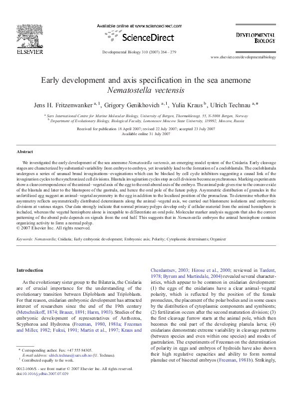 (PDF) Early development and axis specification in the sea anemone ...