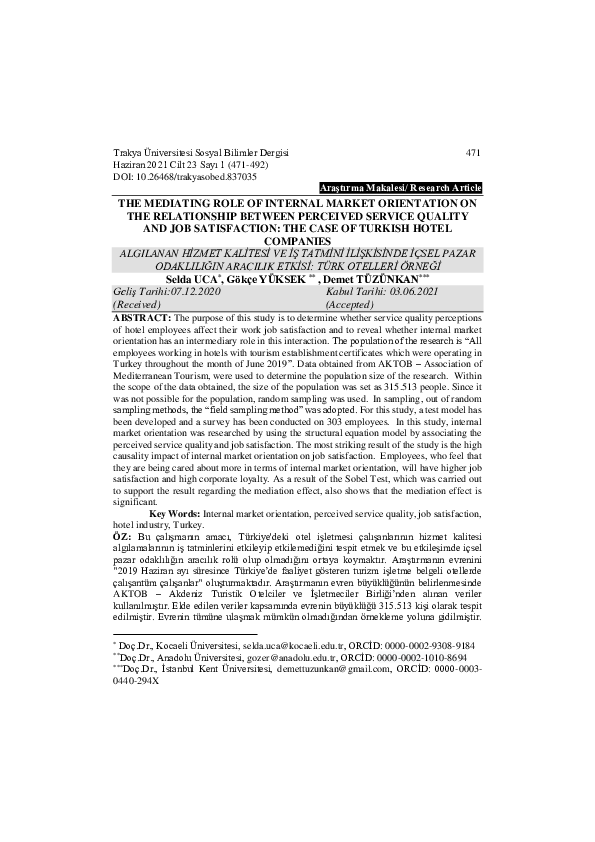 The Mediating Role of Internal Market Orientation on the Relationship between Perceived Service Quality and Job Satisfaction: The Case of Turkish Hotel Companies