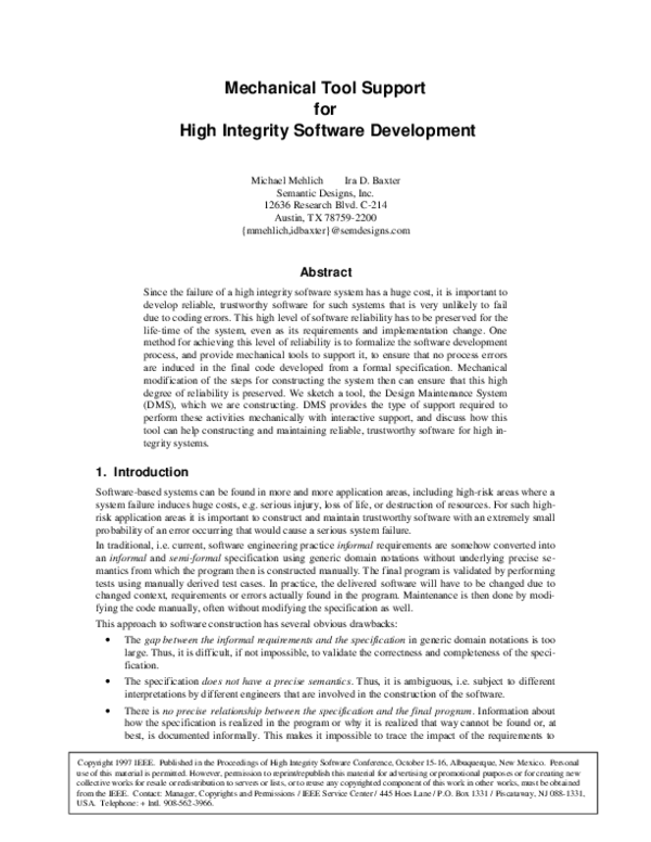 (PDF) Mechanical tool support for high integrity software development