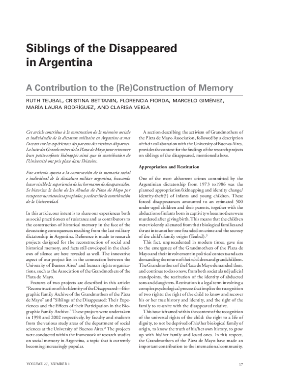 (PDF) Siblings of the Disappeared in Argentina: A contribution to the ...