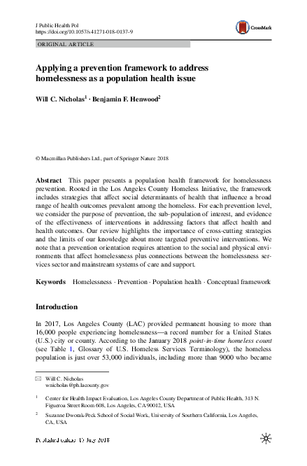 (PDF) Applying a prevention framework to address homelessness as a ...