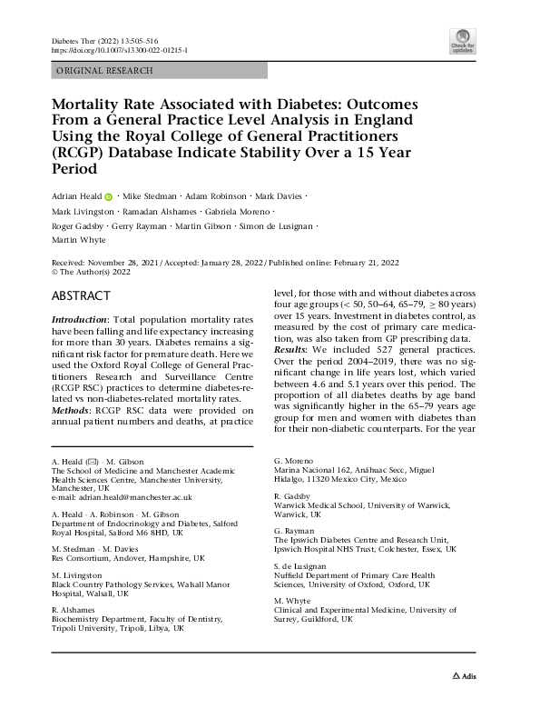 (PDF) Mortality Rate Associated with Diabetes: Outcomes From a General ...