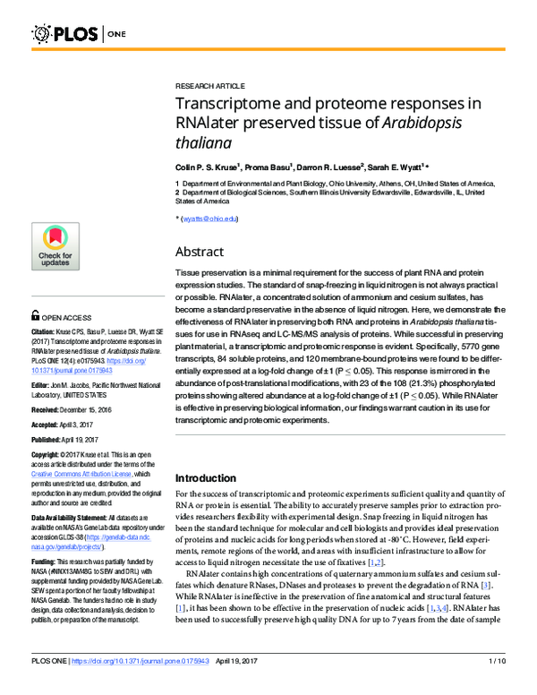 (PDF) Transcriptome and proteome responses in RNAlater preserved tissue ...