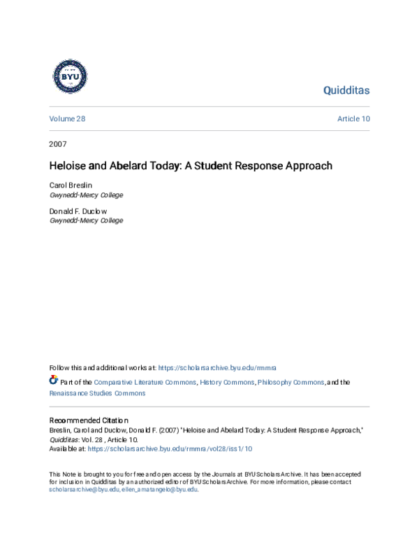 (PDF) Heloise and Abelard Today: A Student Response Approach