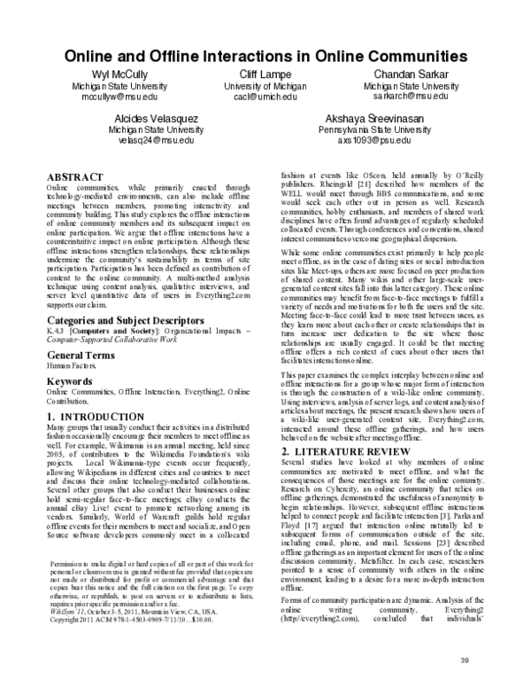 (PDF) Online and offline interactions in online communities