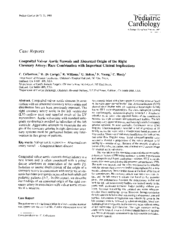 (PDF) Congenital valvar aortic stenosis and abnormal origin of the right coronary artery Rare