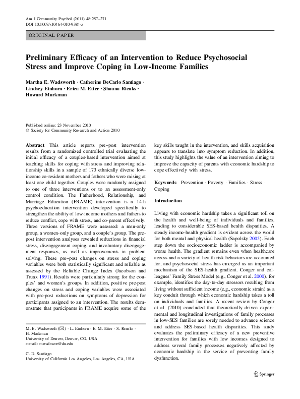 (PDF) Preliminary Efficacy of an Intervention to Reduce Psychosocial ...