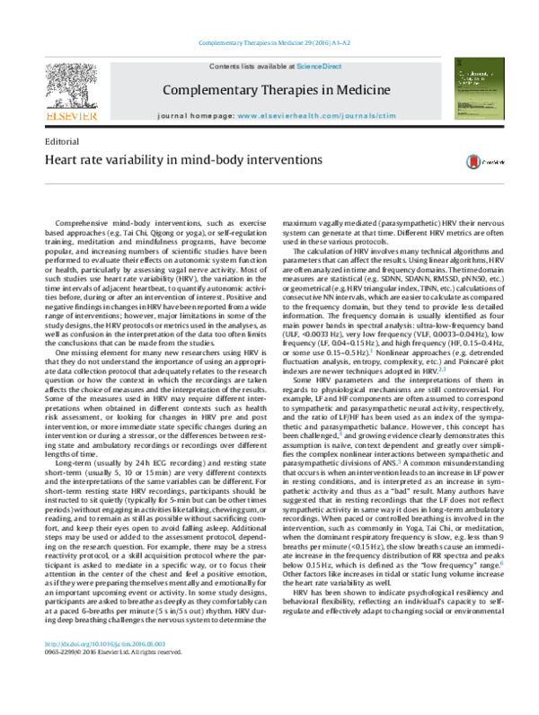 (PDF) Heart rate variability in mind-body interventions