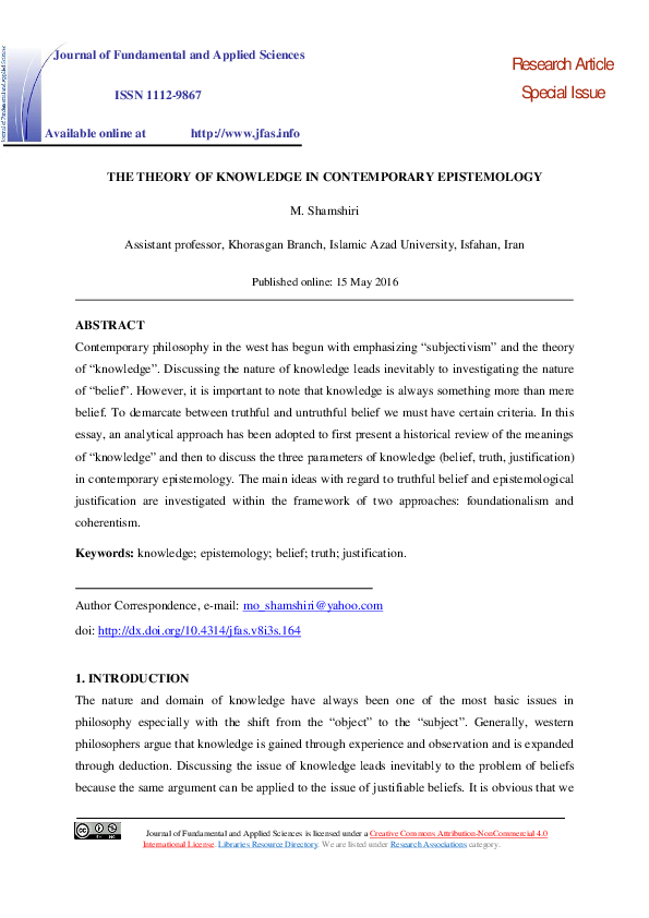 (PDF) The theory of knowledge in contemporary epistemology