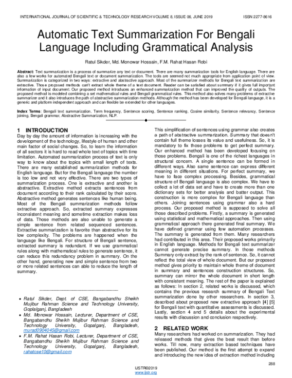 (PDF) Automatic Text Summarization for Bengali Language Including ...