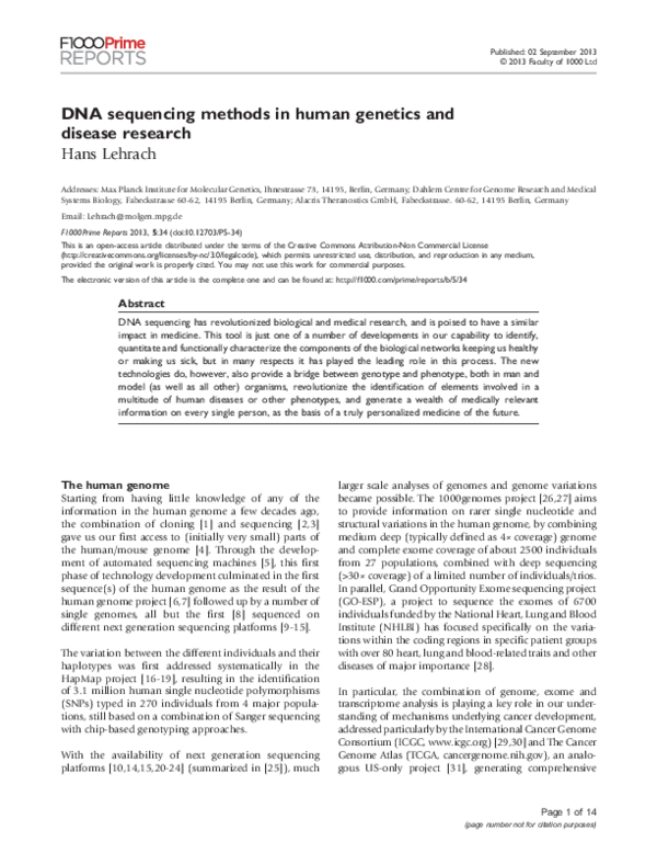 (PDF) DNA sequencing methods in human genetics and disease research