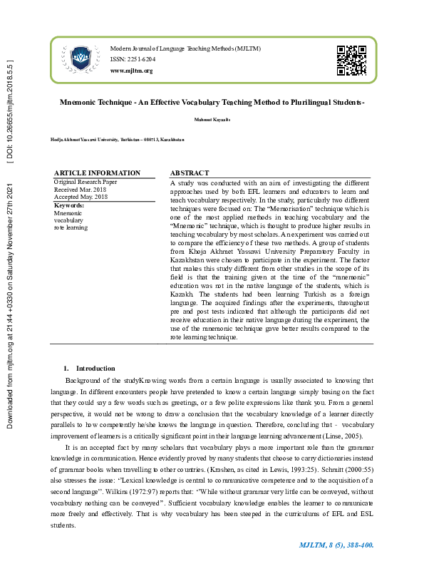 (PDF) Mnemonic Technique - An Effective Vocabulary Teaching Method to ...