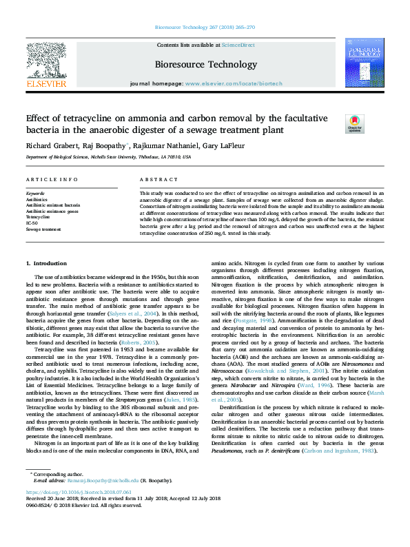 (PDF) Effect of tetracycline on ammonia and carbon removal by the ...