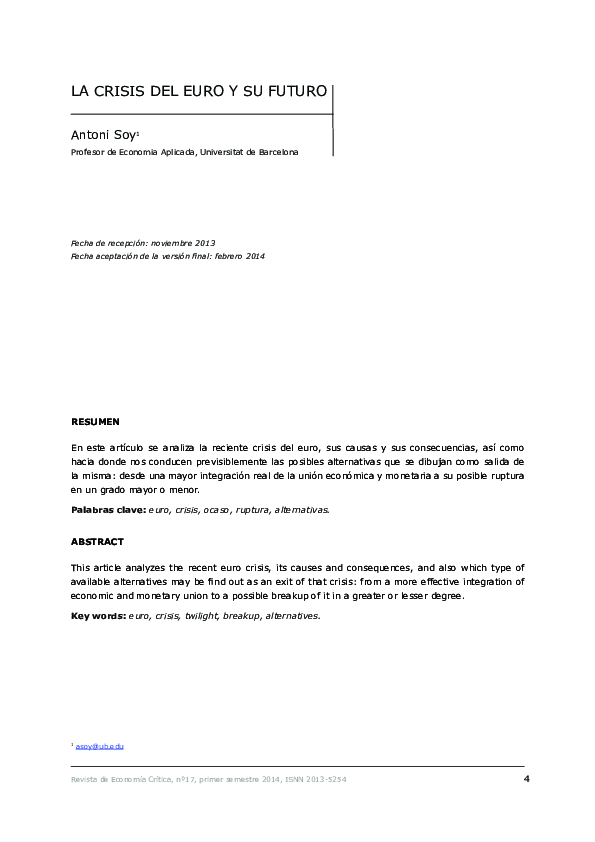 (PDF) La crisis del euro y su futuro
