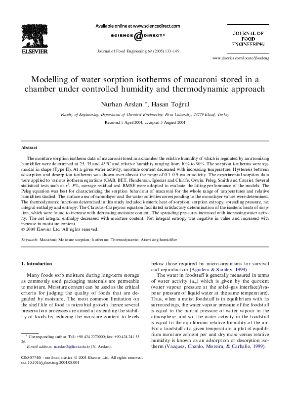 (PDF) Modelling of water sorption isotherms of macaroni stored in a ...