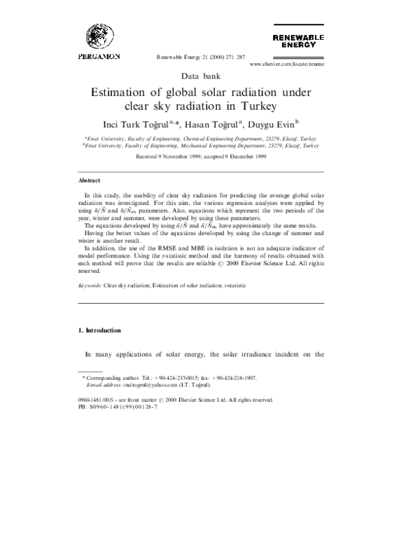(PDF) Estimation of global solar radiation under clear sky radiation in ...