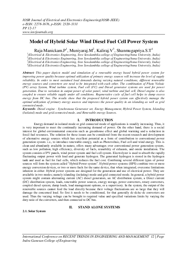 (PDF) Model of Hybrid Solar Wind Diesel Fuel Cell Power System RAJA MANICKAM P Academia.edu
