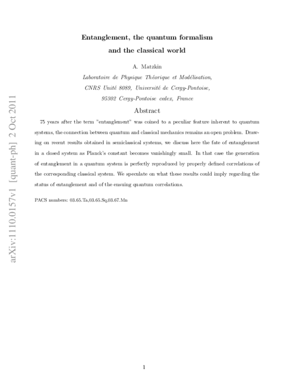 (PDF) Entanglement, the quantum formalism and the classical world