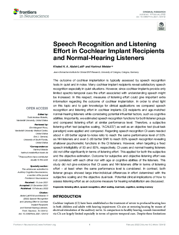 (PDF) Speech Recognition and Listening Effort in Cochlear Implant ...