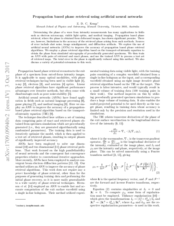 (PDF) Propagation based phase retrieval using artificial neural networks