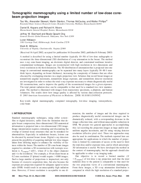 Tomographic mammography using a limited number of low‐dose cone‐beam projection images
