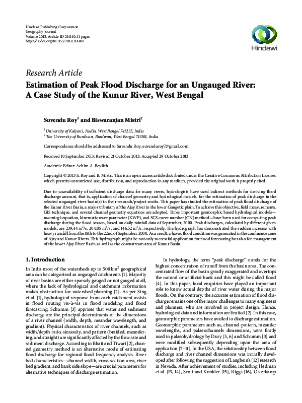 (PDF) Estimation of Peak Flood Discharge for an Ungauged River: A Case ...
