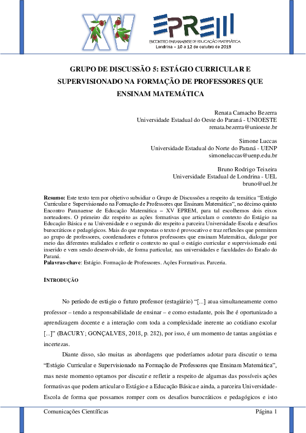 GD 5: Estágio Curricular e Supervisionado Na Formação De Professores Que Ensinam Matemática