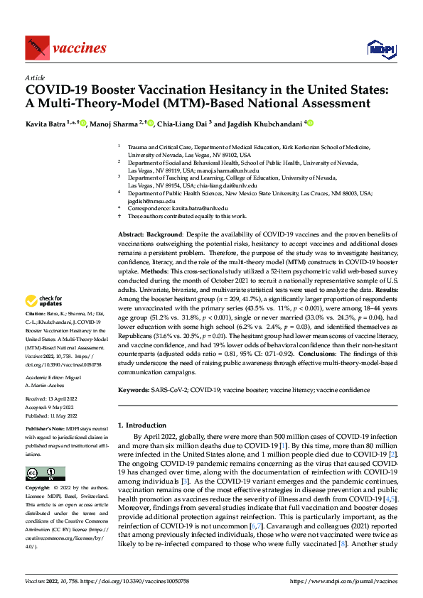 (PDF) COVID-19 Booster Vaccination Hesitancy in the United States: A ...