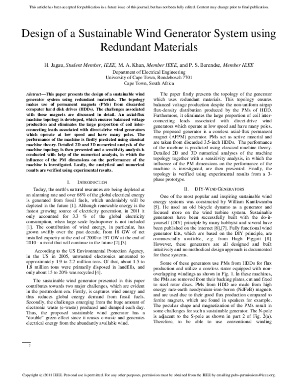 (PDF) Design of a Sustainable Wind Generator System Using Redundant ...