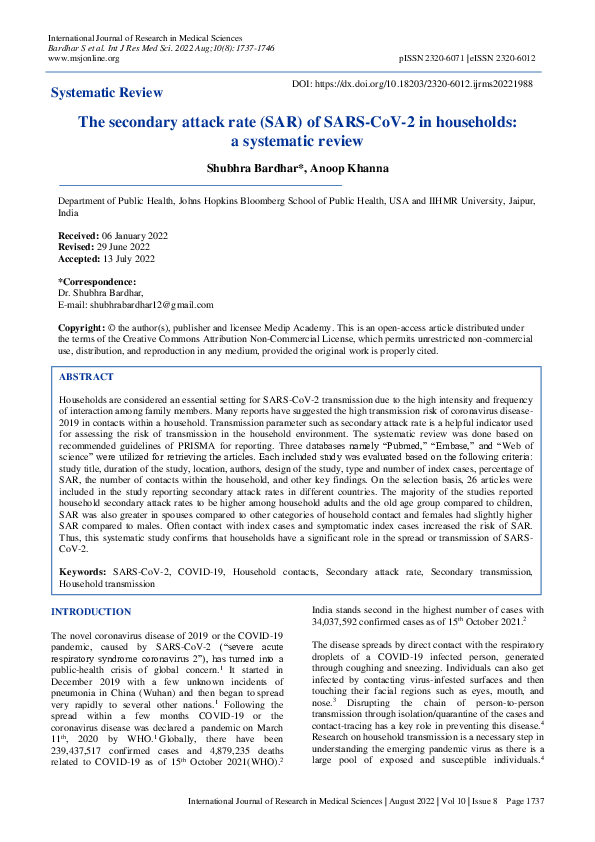 (PDF) The secondary attack rate (SAR) of SARS-CoV-2 in households: a ...
