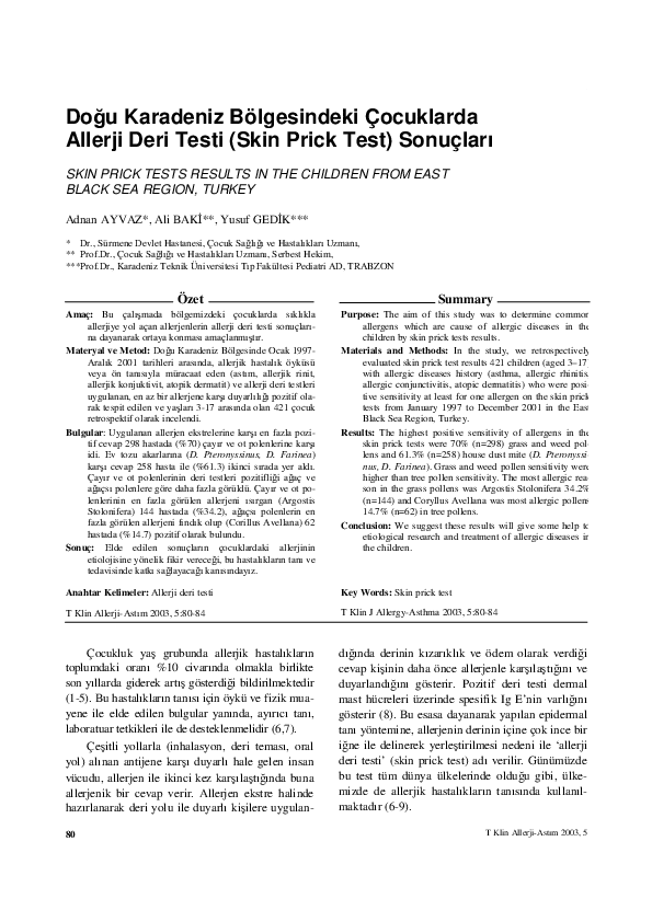 (PDF) Doğu Karadeniz Bölgesindeki ÇocuklardaAllerji Deri Testi (Skin ...