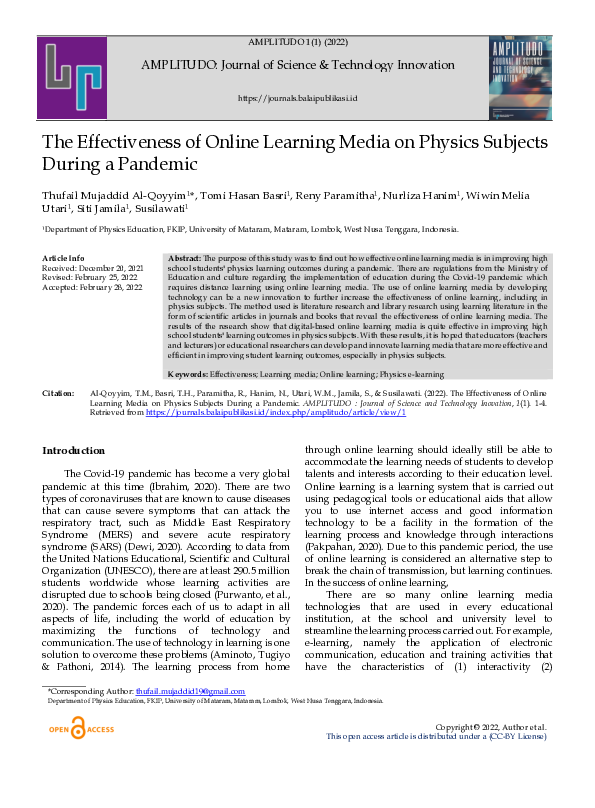 (PDF) Effectiveness of Online Learning Media on Physics Subjects During ...