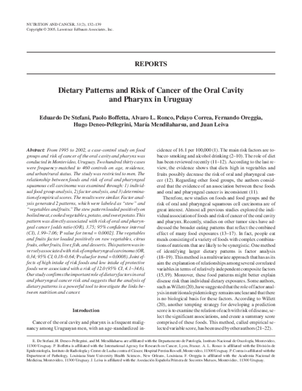 (PDF) Dietary Patterns and Risk of Cancer of the Oral Cavity and ...