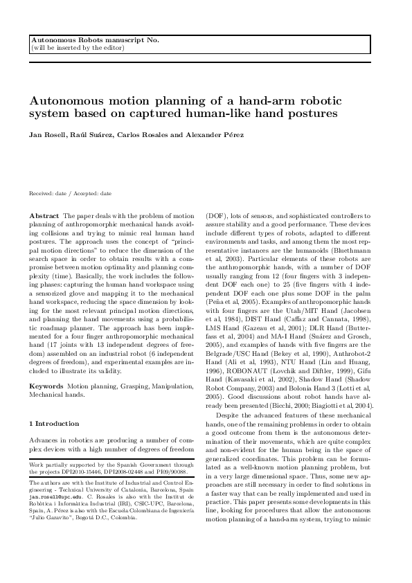 (PDF) Autonomous motion planning of a hand-arm robotic system based on ...