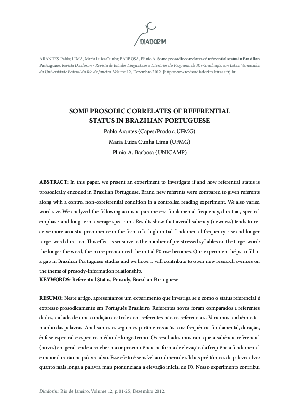 (PDF) Some prosodic correlates of referential status in Brazilian ...