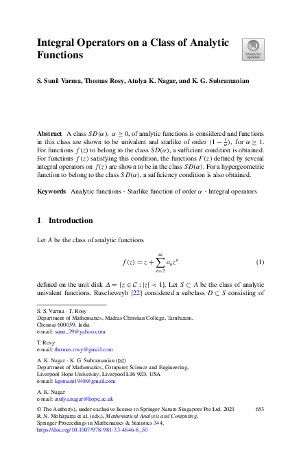 (PDF) Integral Operators on a Class of Analytic Functions