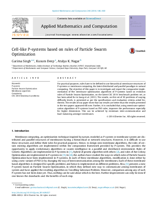 (PDF) Cell-like P-systems based on rules of Particle Swarm Optimization